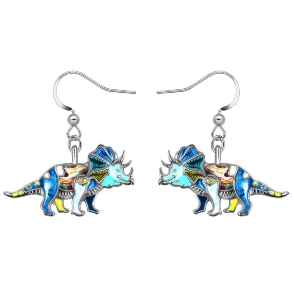 Silver with Multicolored Enamel Triceratops Dinosaur French Wire Drop Earrings